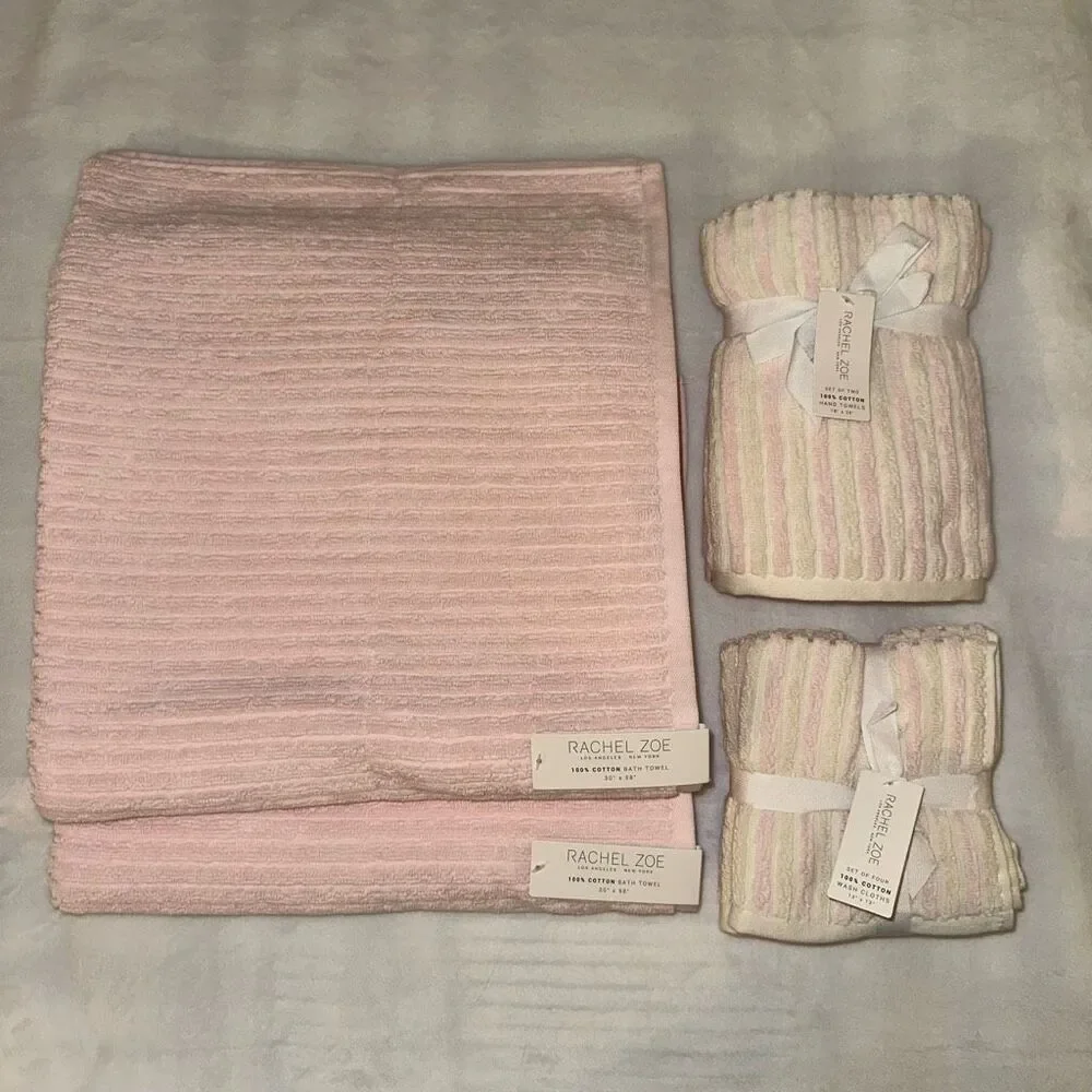 Rachel Zoe Bath Towel Set Cream Light Pink Stripe and Solids Pattern 8 Piece NWT